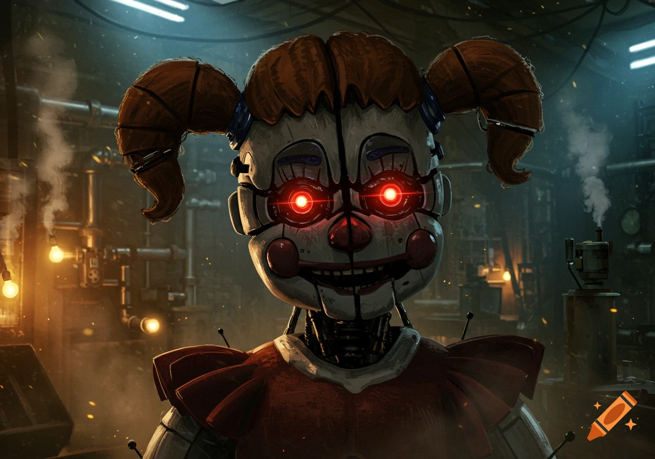 A creepy animatronic with glowing red eyes and pigtails stands in a dark, industrial room filled with pipes and steam.