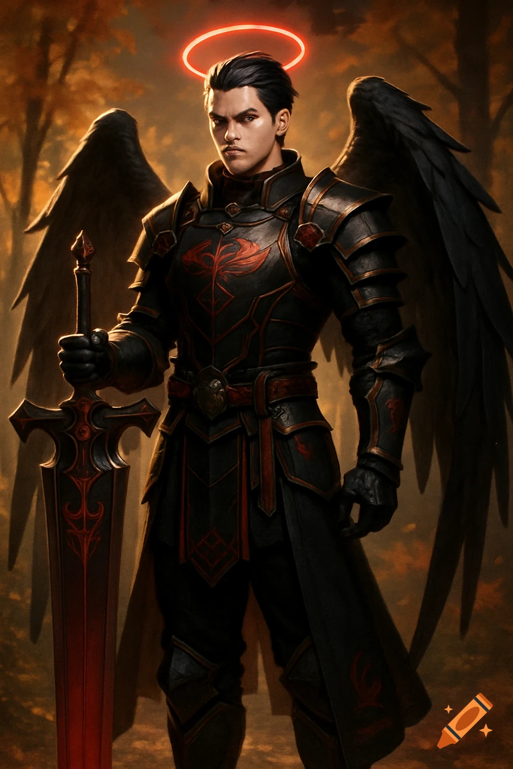 A male angel warrior with black slicked-back hair, wearing black and red samurai armor, black wings, and a red halo, holding a crimson claymore in a forest.