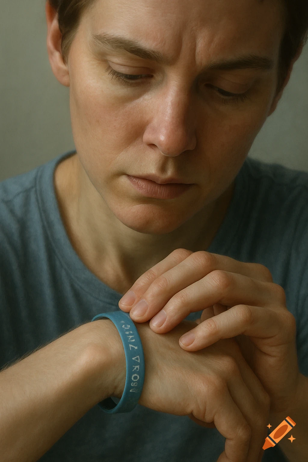 A close-up, photorealistic shot of a person looking down at their left wrist, which has a light blue rubber band with text on it.