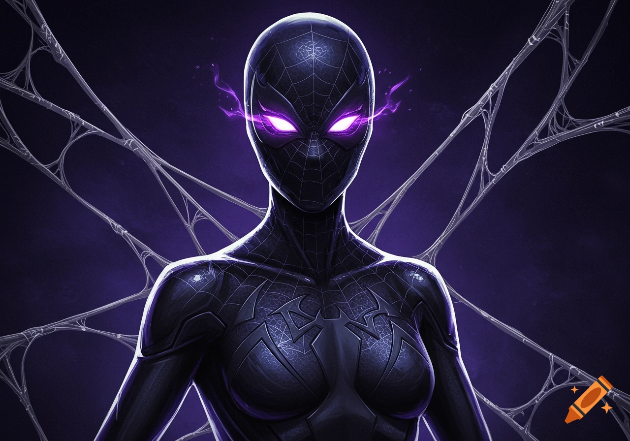 A dark figure in a black spider suit with glowing purple eyes, with purple webs extending from behind against a dark background.