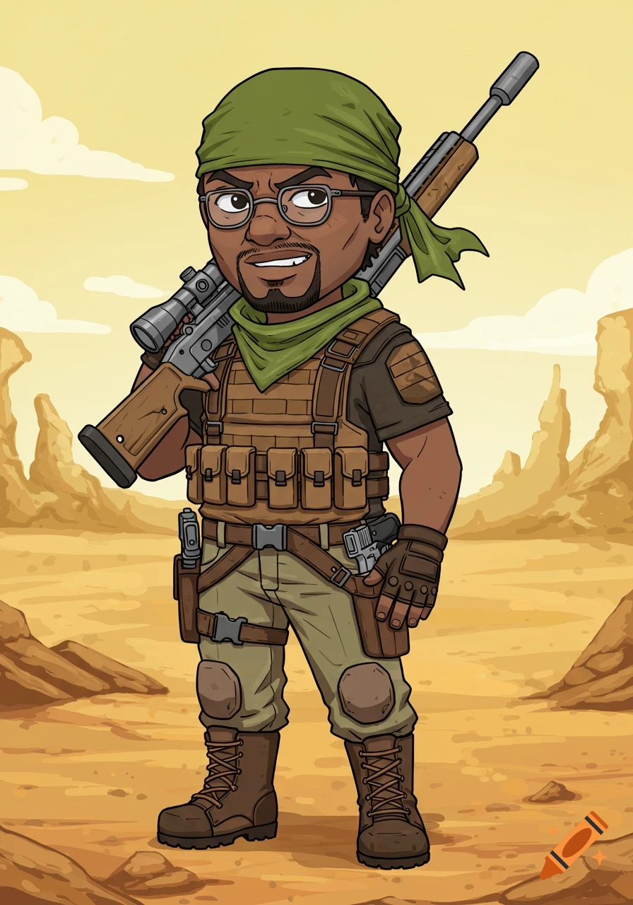 A chibi anime-style portrait of a man in military gear holding a sniper rifle in a desert.