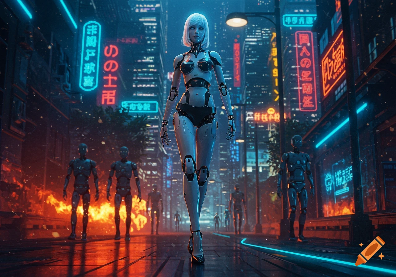 A white female robot walks down a futuristic city street with neon signs and other robots, amidst smoke and fire.