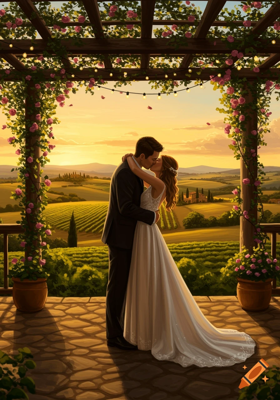 A couple in wedding attire kisses under a rose-covered pergola overlooking an Italian vineyard at sunset.