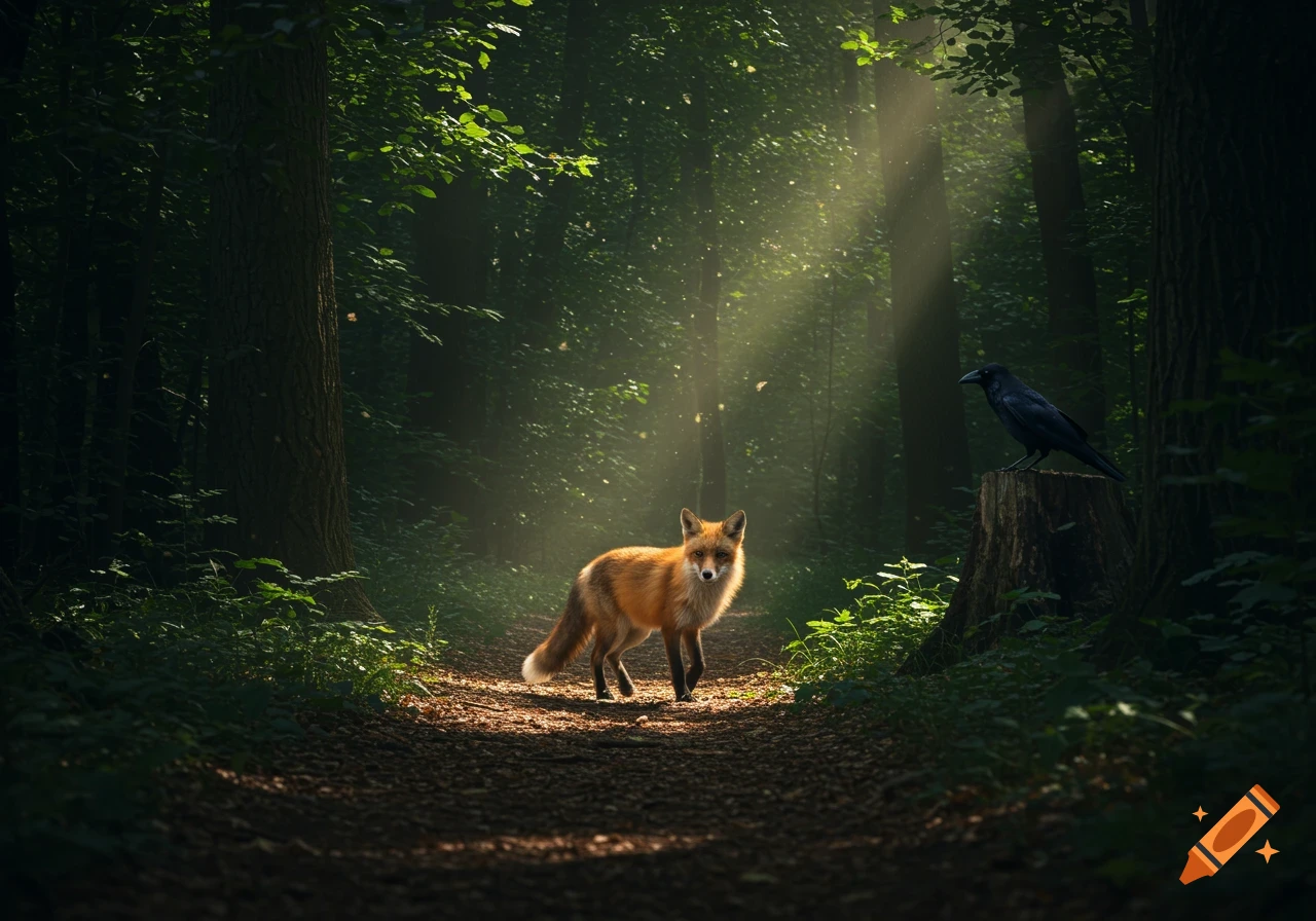A photorealistic image of a red fox on a sunlit forest path with a crow perched on a stump nearby.