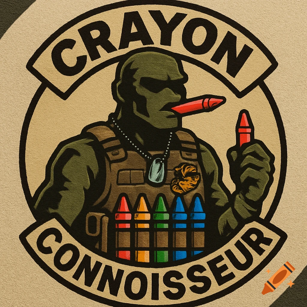 Cartoon military patch with a green humanoid in a flack vest holding and eating crayons. Text reads 'CRAYON CONNOISSEUR'.