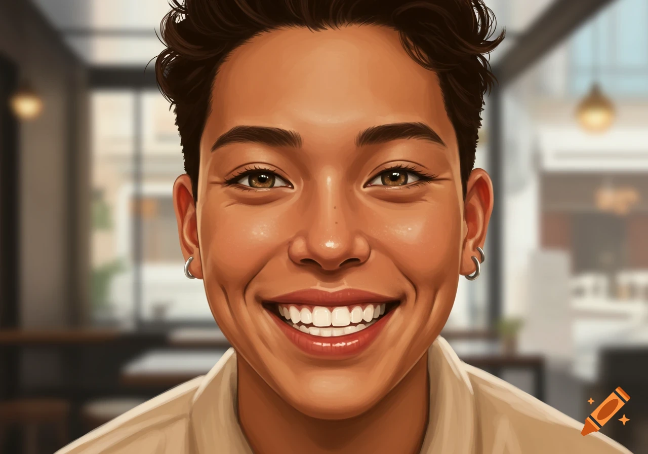 Close-up digital art portrait of a smiling person with dimples, brown eyes, and silver hoop earrings.