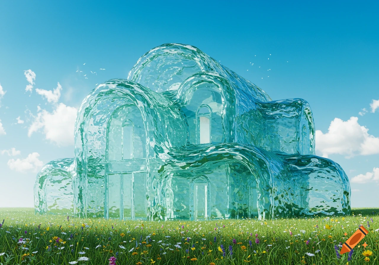 A whimsical house made of translucent blue water stands in a vibrant green field filled with colorful wildflowers under a bright blue sky.