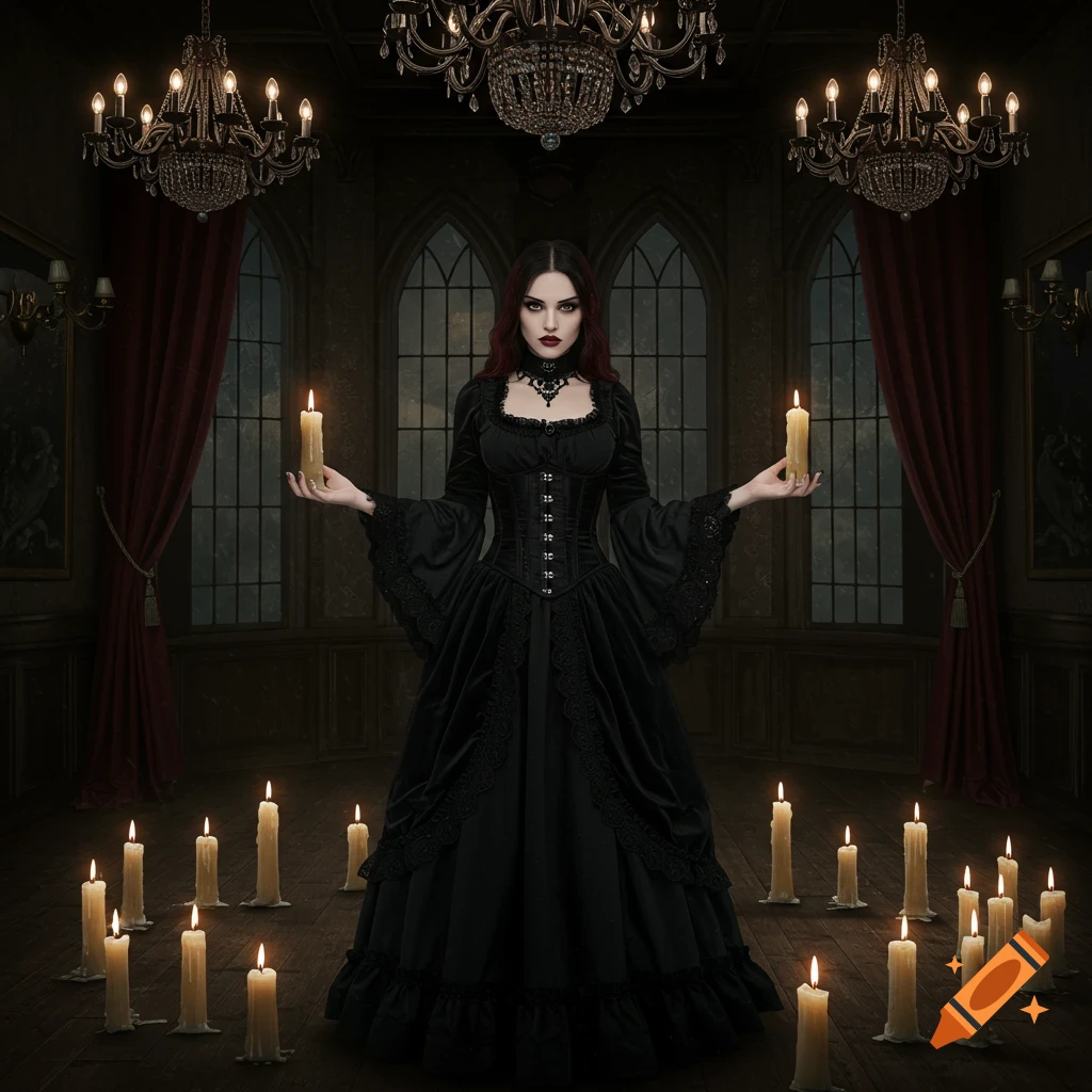 A woman in a black gothic Victorian dress holding candles, surrounded by many lit candles in a dark, grand hall.