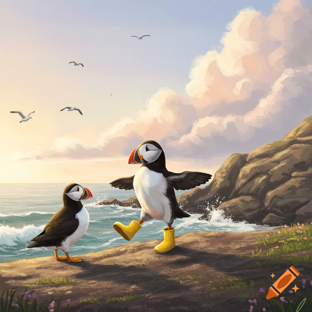 Two cartoon puffins on a rocky coast; one in yellow boots dances while the other watches by the ocean.