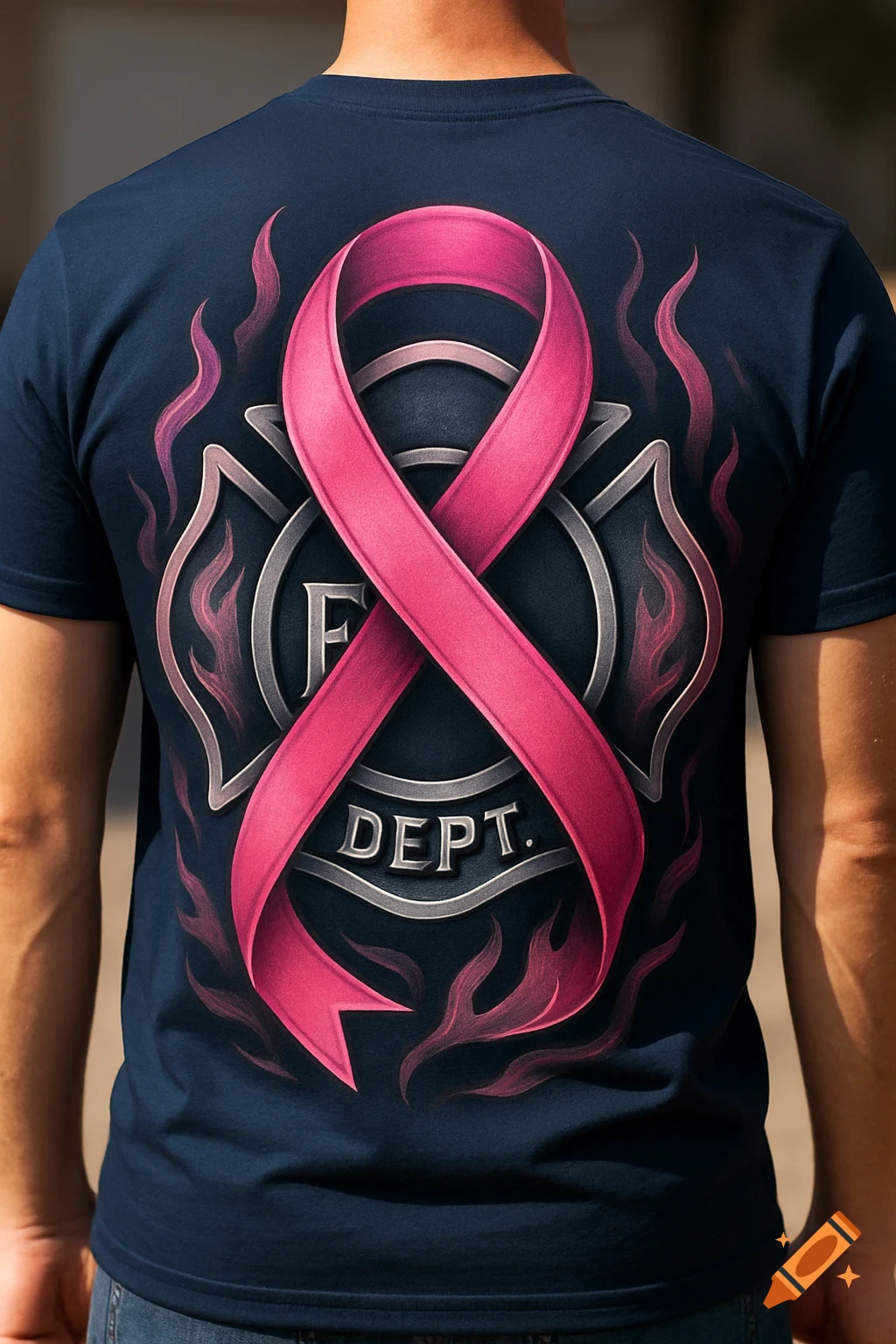 Back of a person wearing a dark blue t-shirt with a pink breast cancer awareness ribbon over a firefighter's cross emblem with 'F' and 'DEPT.' on it, surrounded by pink flames.