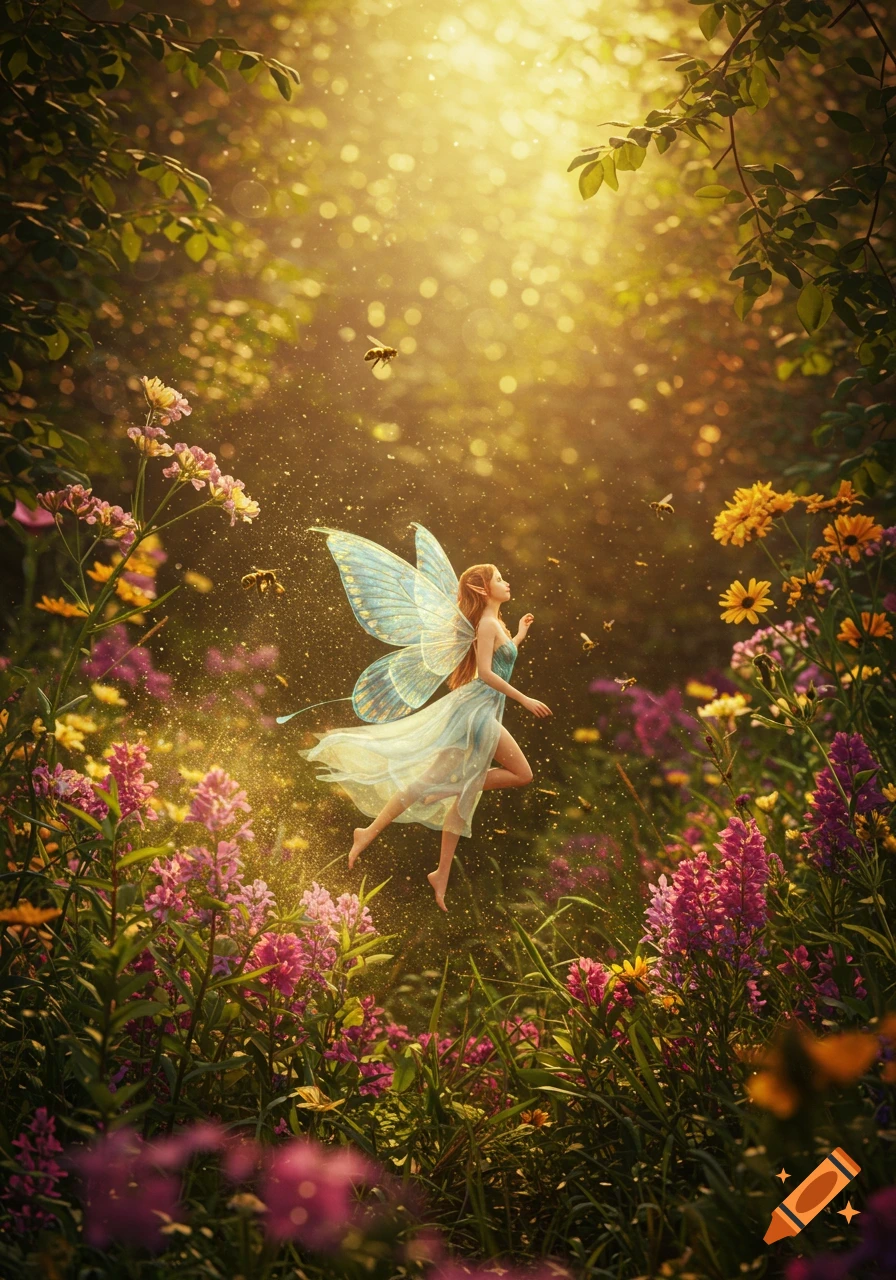 A beautiful fairy with glowing blue wings floats amidst colorful flowers in a sunlit, enchanting forest.