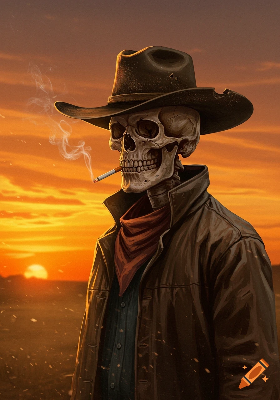 A detailed portrait of a skeleton wearing a cowboy hat and duster jacket, smoking a cigarette, against a vibrant sunset.