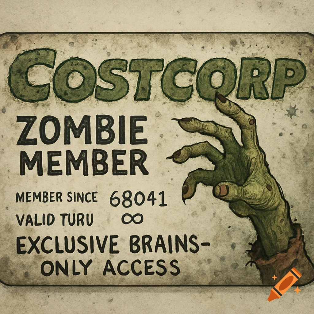 A distressed, grunge-style membership card for 'COSTCORP ZOMBIE MEMBER' with a green zombie hand.