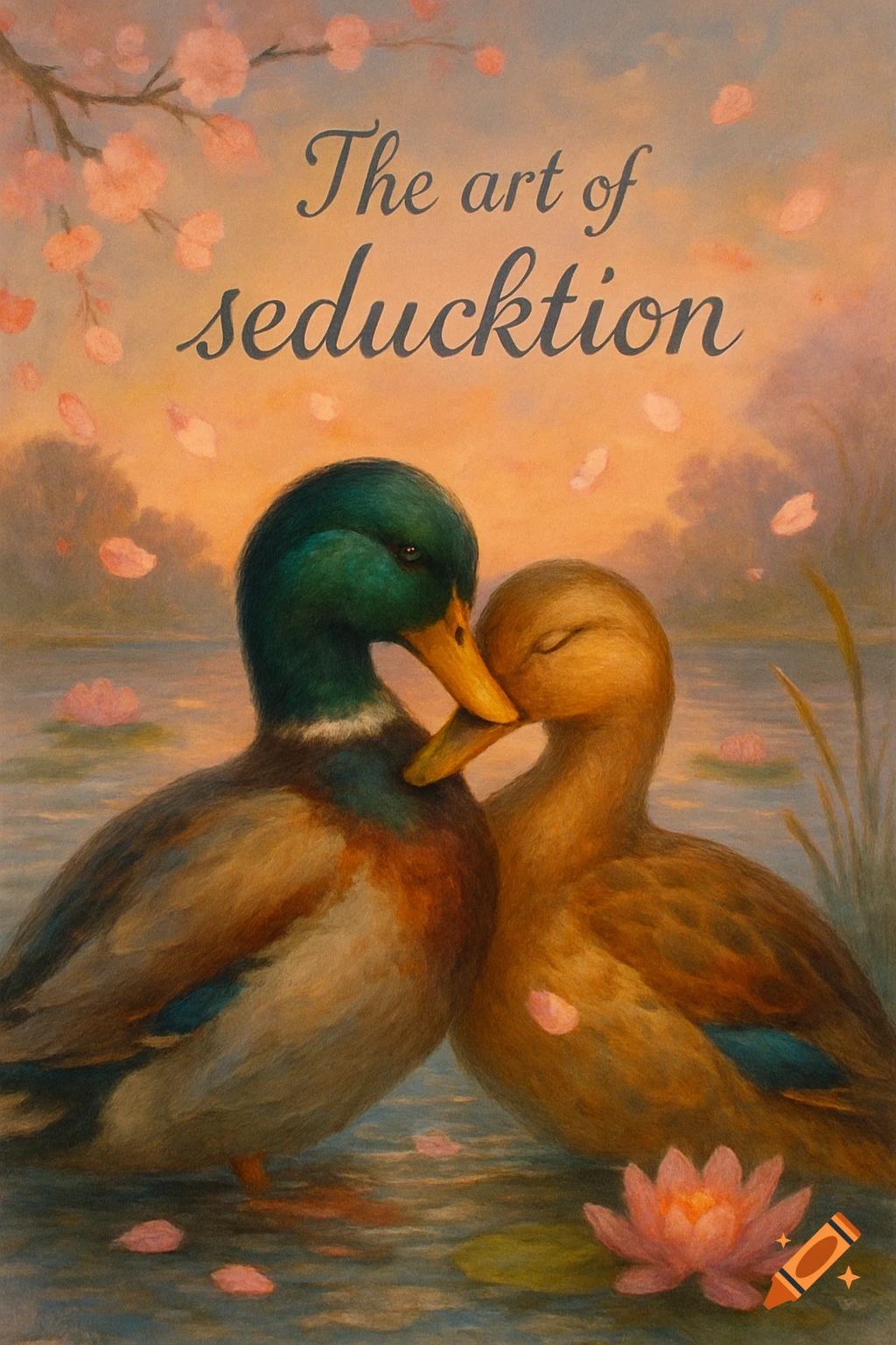 Two mallard ducks nuzzle on a pond with water lilies and falling cherry blossoms, painted in a warm, romantic style. Text reads "The art of seducktion."