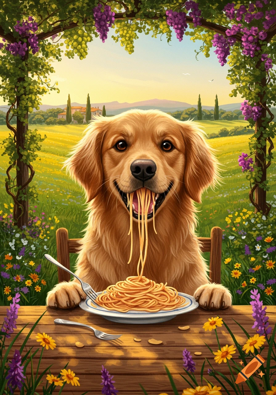A happy golden retriever dog sits at a wooden table outdoors, eating a plate of spaghetti under a grape arbor in a sunny field.
