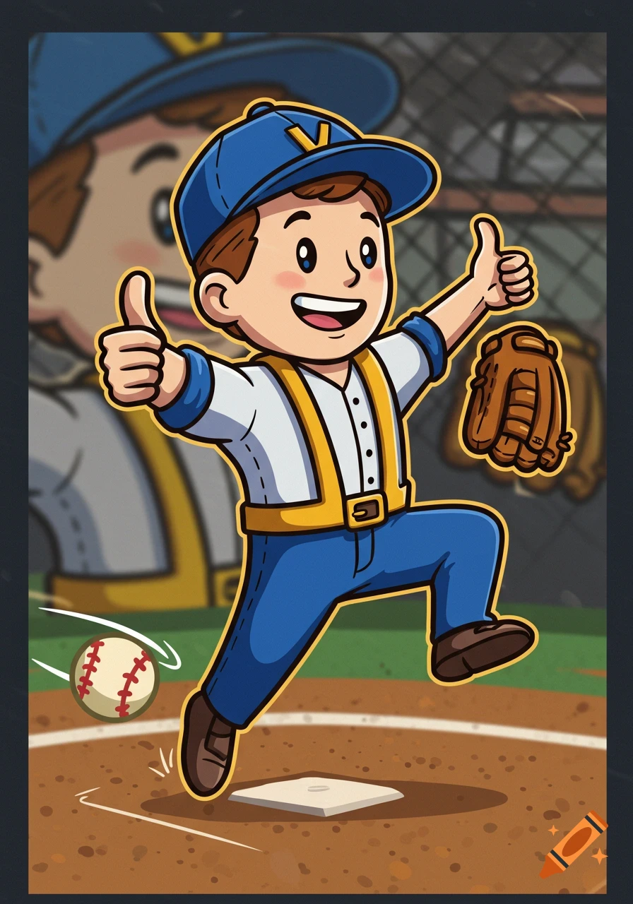A cheerful cartoon boy in a blue and yellow baseball uniform giving two thumbs up on a baseball field with a glove and baseball.