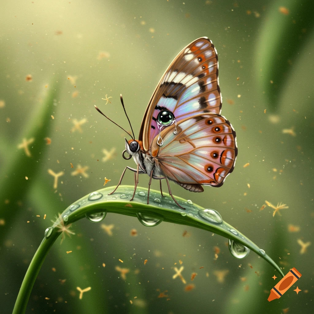 A close-up of a brown and white butterfly with a single tear falling from its eye, perched on a dewy green leaf.