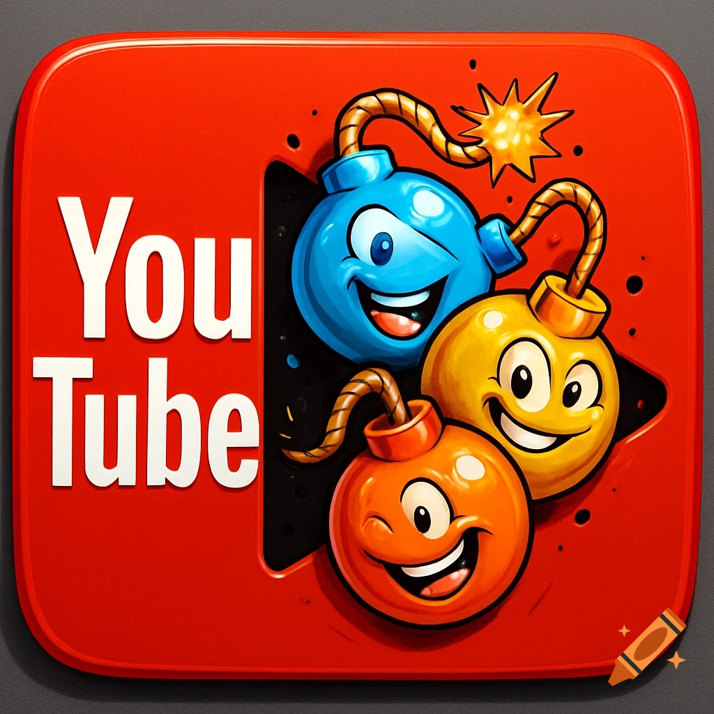 A cartoon YouTube logo with 'You Tube' text on a red background. Three happy, colorful cartoon bombs (blue, yellow, orange) burst from a cutout on the right, one sparking.