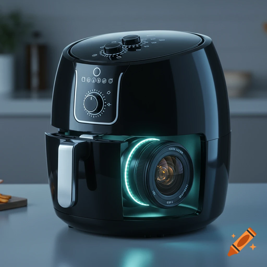 A black air fryer with a glowing camera lens visible inside its opened drawer, on a kitchen counter.