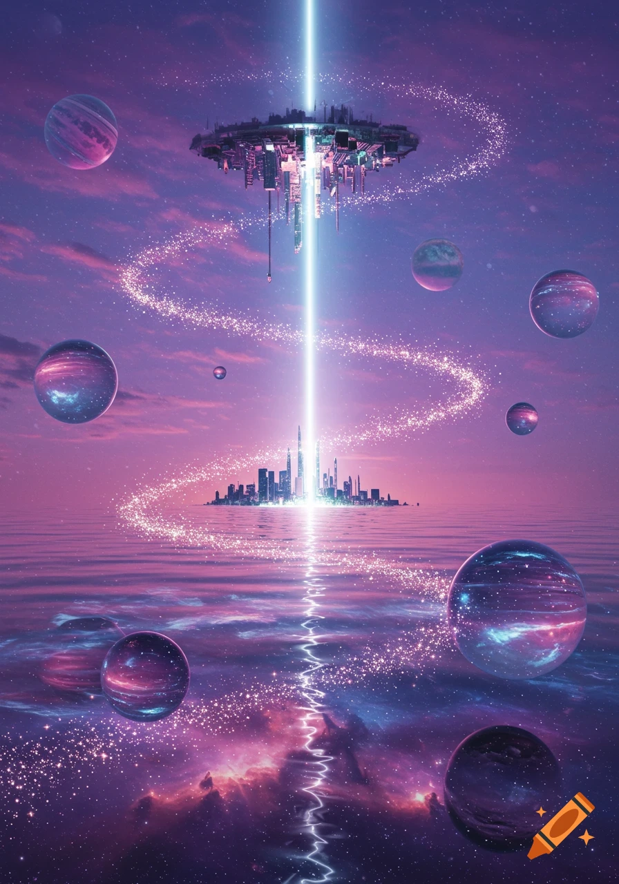A futuristic cityscape floats in a vibrant purple and pink sky with a light beam connecting it to a city below, surrounded by glowing orbs.