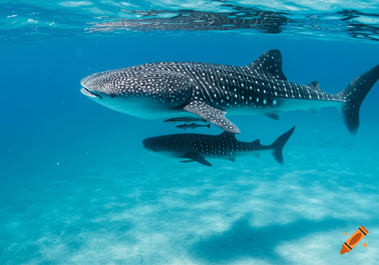Two photorealistic whale sharks, one larger and one smaller, swim gracefully through clear blue ocean water over a sandy seabed.