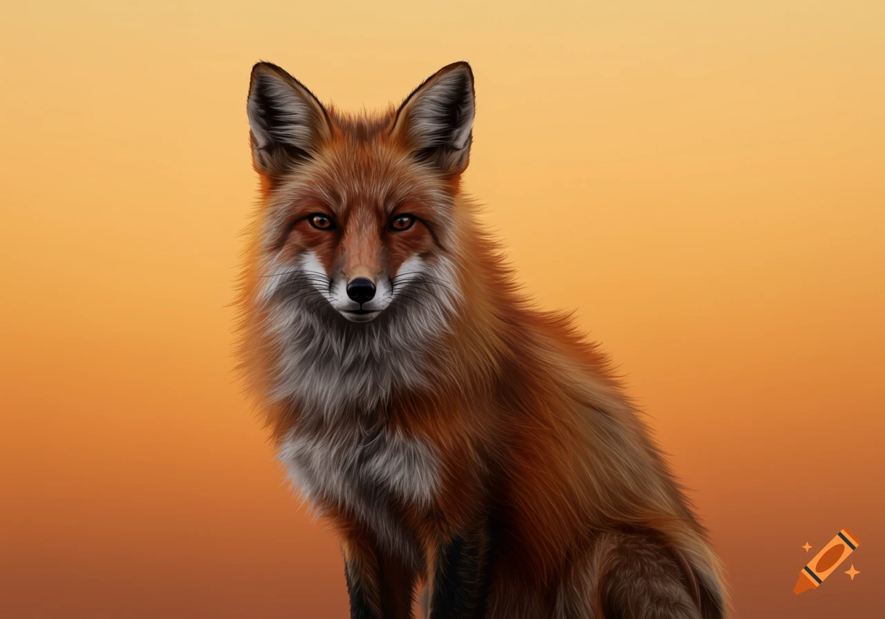 A detailed digital painting of a red fox with white and grey fur looking forward against a warm orange gradient background.