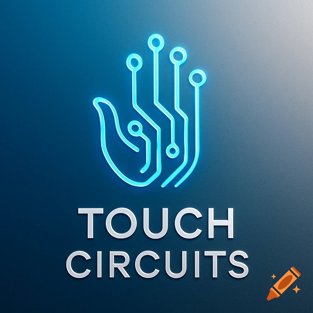 A glowing blue neon outline of a hand with integrated circuit lines, above the white text "TOUCH CIRCUITS" on a dark blue background.