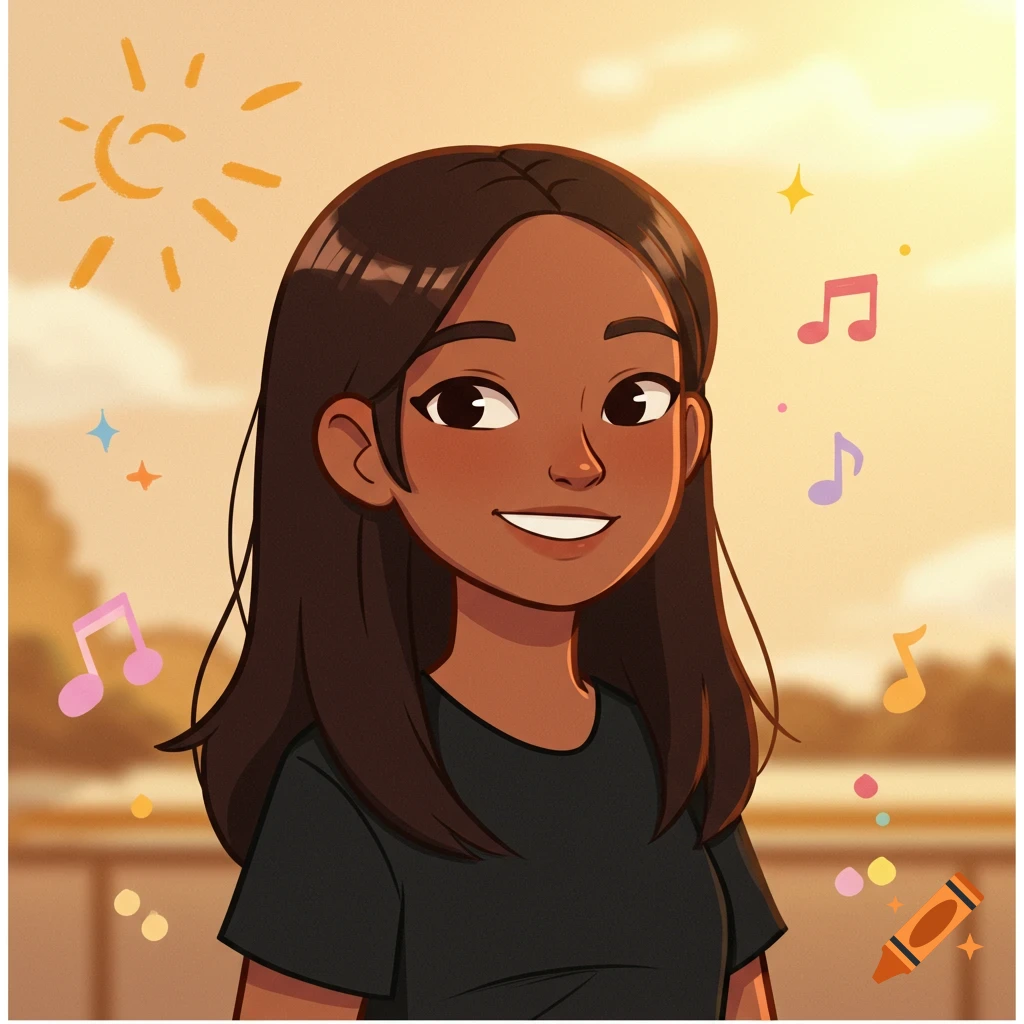 A cartoon illustration of a smiling girl with dark brown hair and brown skin, wearing a black shirt, with musical notes and a sun in the background.