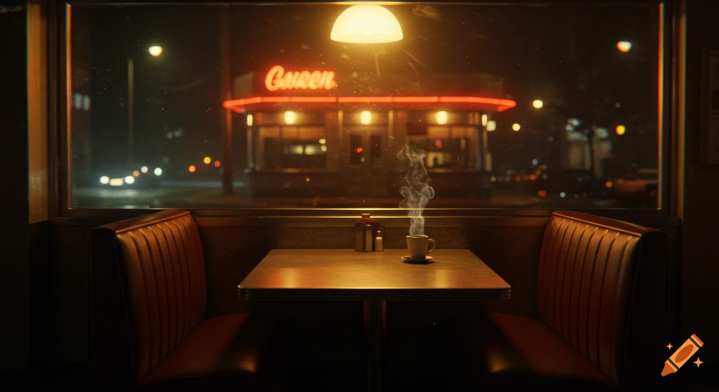 Interior view of a vintage American diner booth at night with a steaming coffee cup, looking out at a neon 'Queen' sign.