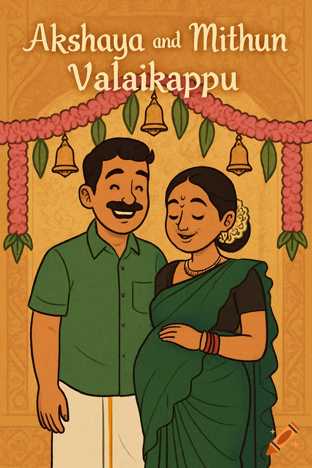 Digital illustration of a smiling South Indian couple, the man in a green shirt and dhoti, the pregnant woman in a green saree, standing under festive garlands and bells.