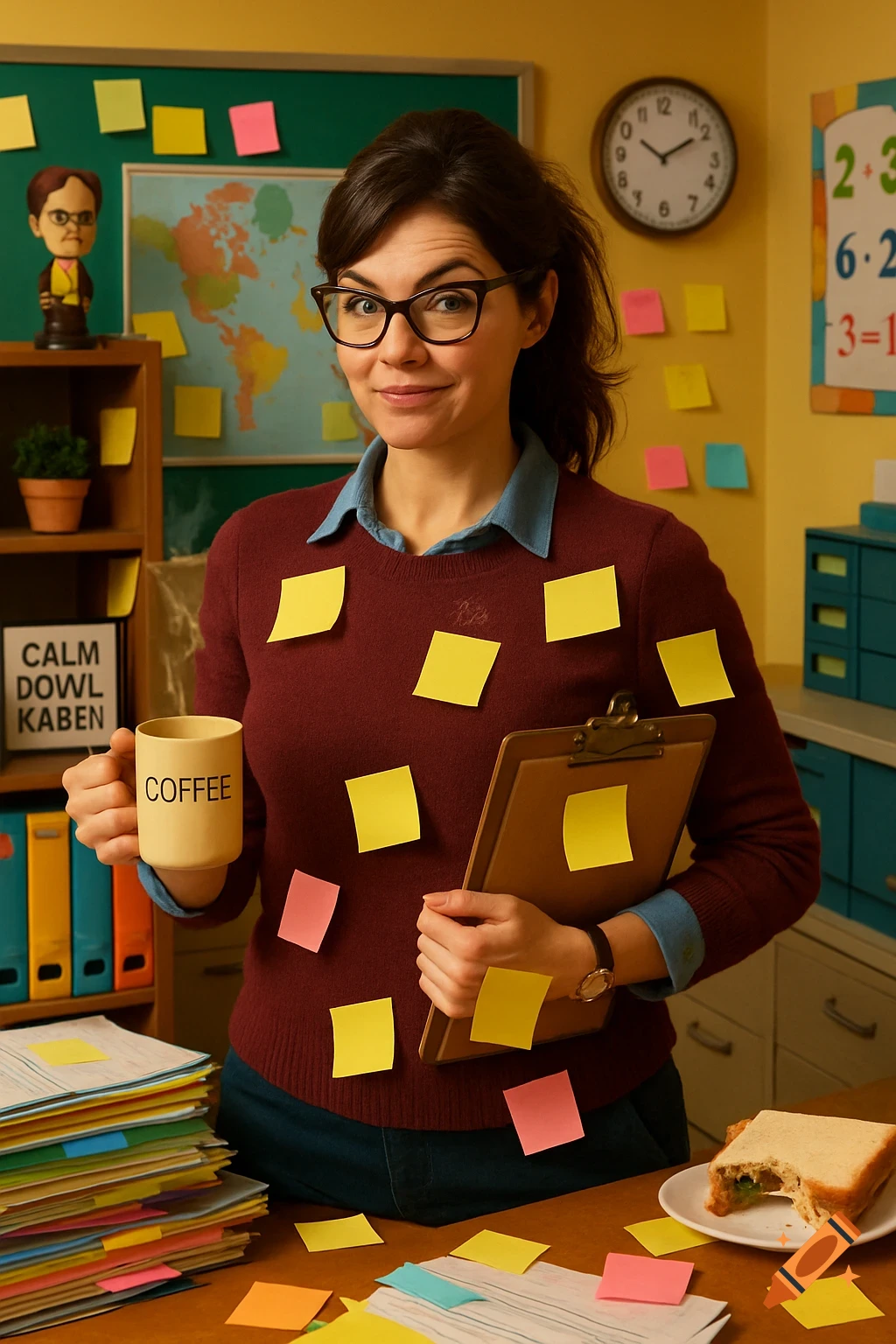 A frazzled female teacher with glasses and a burgundy sweater covered in sticky notes, holding a coffee mug and clipboard in a colorful classroom office.