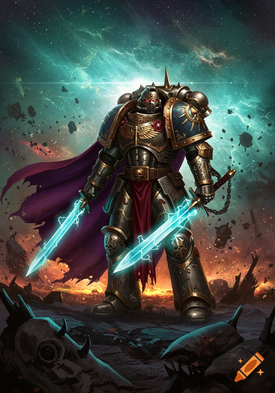 A heavily armored warrior in ornate gold and dark blue armor with a purple cape, holding two glowing blue energy swords, stands on a battlefield under a cosmic sky.