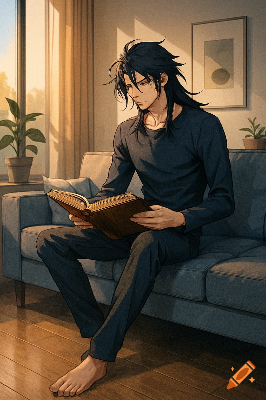 Anime style drawing of a man with long black hair sitting on a couch and reading a book in a sunlit living room.