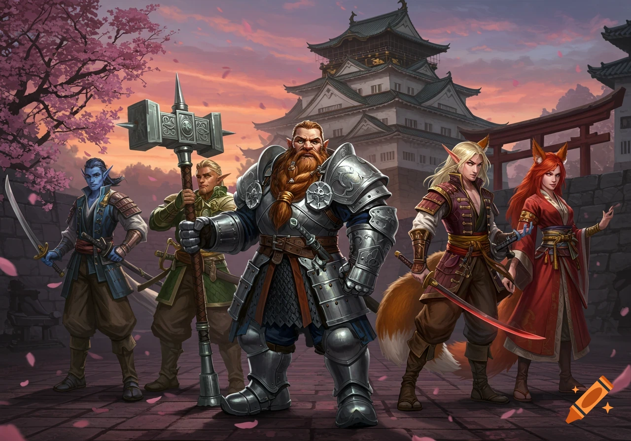 A fantasy party of adventurers, including elves, a dwarf, and a kitsune, stand in front of a Japanese castle at sunset with cherry blossoms.