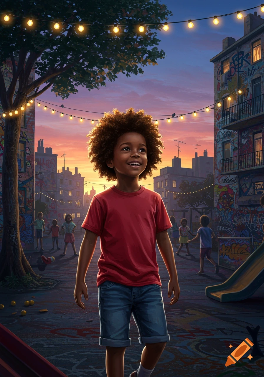 A young Black boy with an afro smiles in the foreground of a city street adorned with string lights, at sunset.