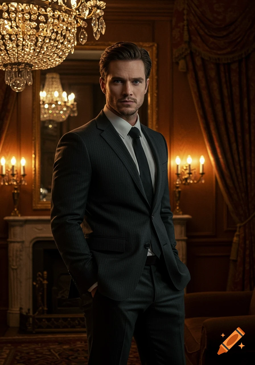Photorealistic portrait of a well-dressed man in a pinstripe suit standing in a luxurious, dimly lit room.