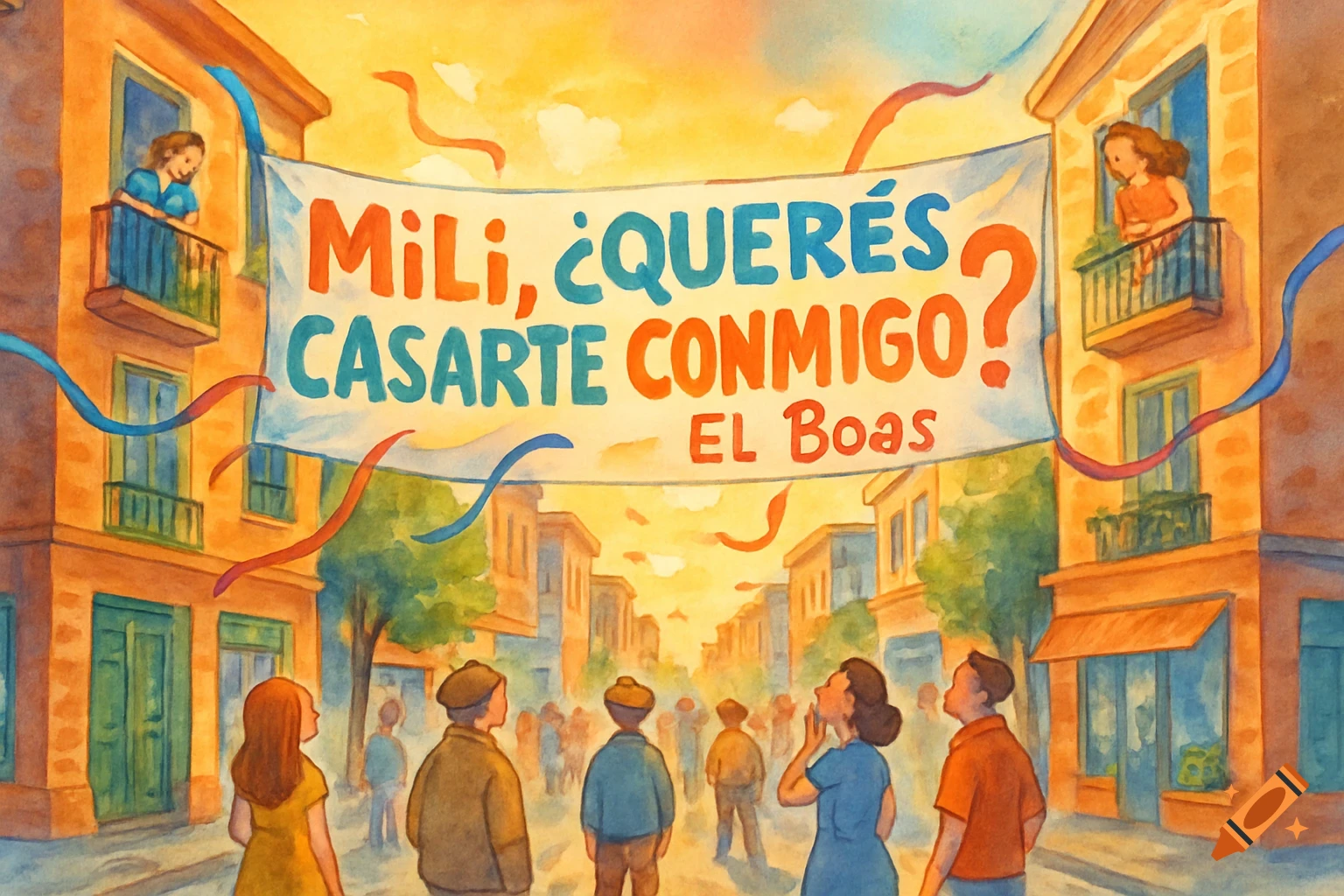 Watercolor illustration of a street scene with people looking at a banner reading 'Mili, ¿QUERÉS CASARTE CONMIGO? EL Boas'.