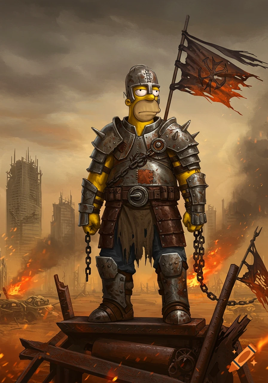 Homer Simpson as a gritty post-apocalyptic warlord in rusted armor, holding a tattered flag, standing on debris amidst a burning city.