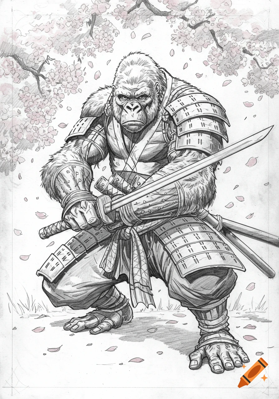 A highly detailed pencil drawing of a samurai gorilla with two katanas, posed under cherry blossoms in a comic book style.