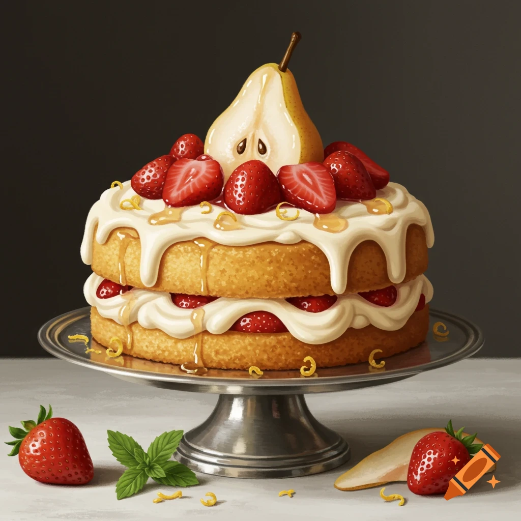 Detailed illustration of a strawberry shortcake with a sliced pear, cream, and lemon zest on a silver cake stand.