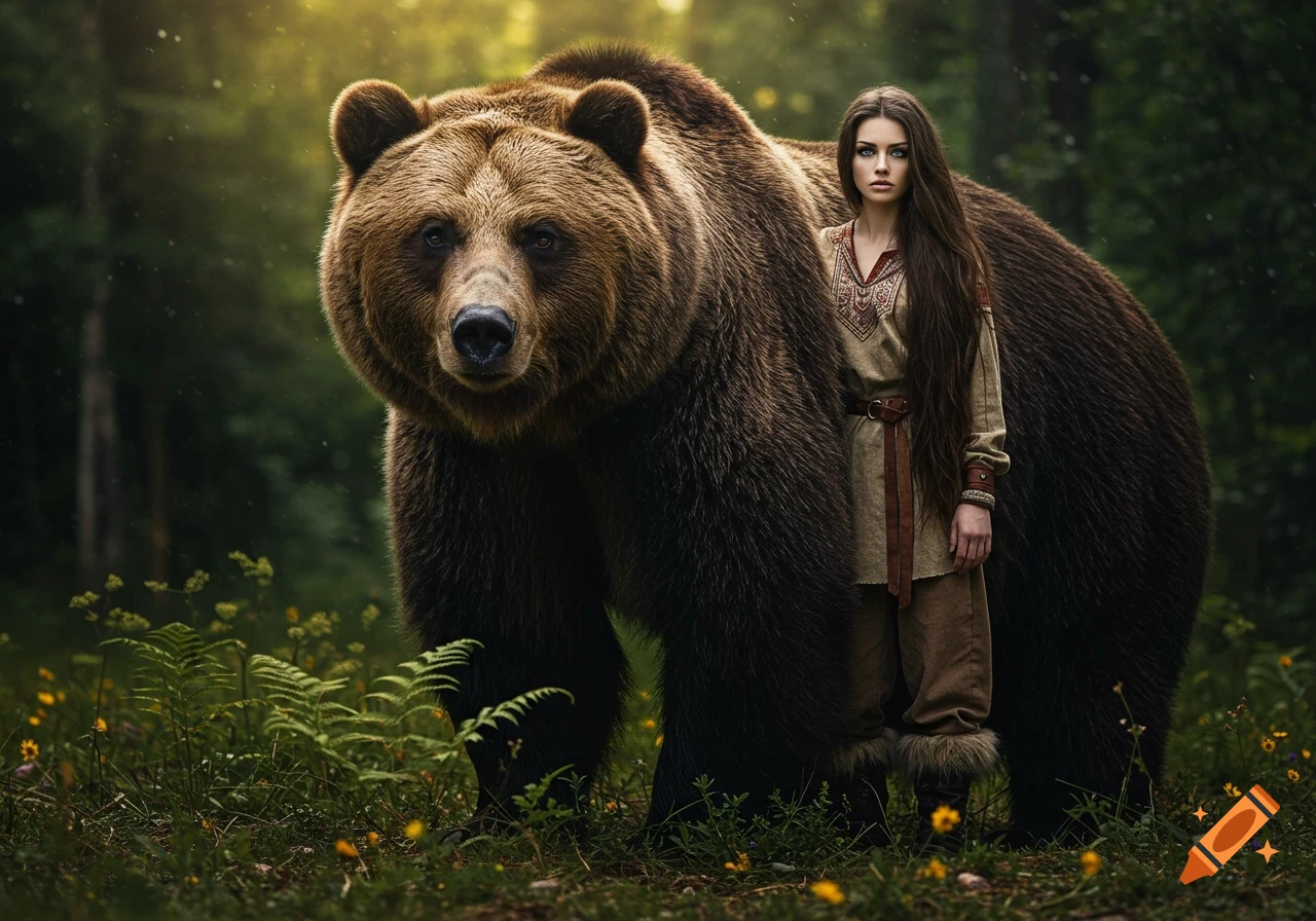 A beautiful woman with long dark hair stands beside a large brown bear in a mystical forest, light filtering through the trees.