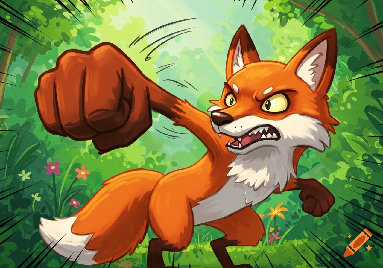 A cartoon fox with an angry expression punches towards the viewer in a lush green forest.