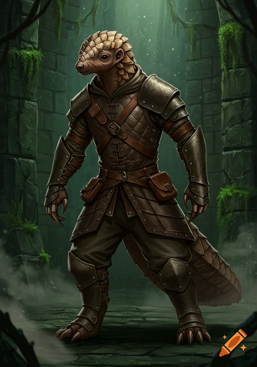 A detailed illustration of an anthropomorphic pangolin character in leather armor standing in a dark, mossy dungeon.