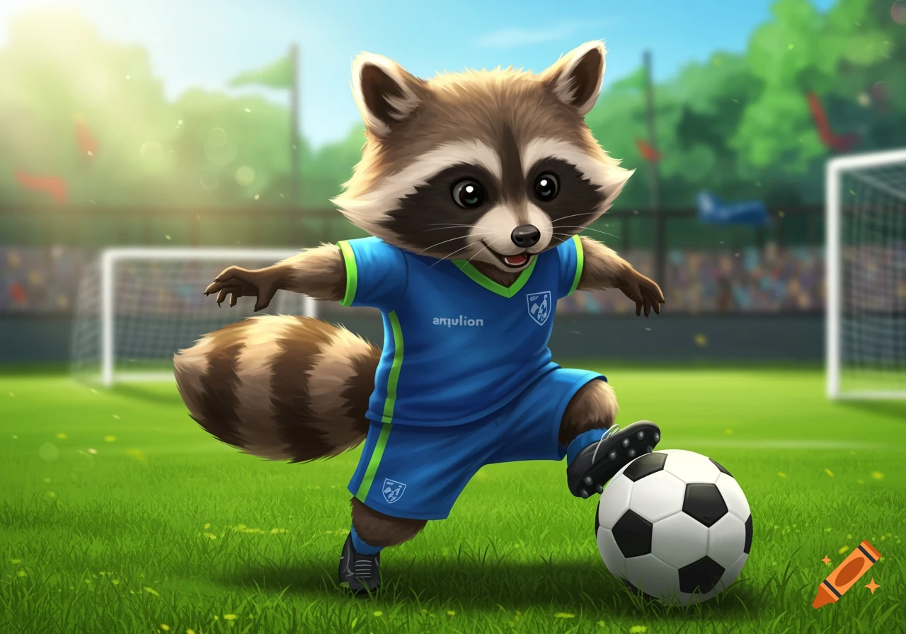A cute anthropomorphic raccoon in a blue soccer uniform stands on a green field with a soccer ball at its paw, ready to kick. The style is a vibrant digital illustration.