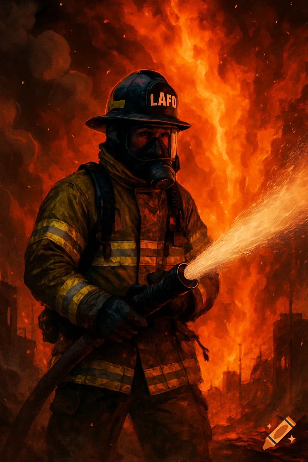 A firefighter in full gear aims a hose against a blazing inferno, depicted in a dramatic, photorealistic style.