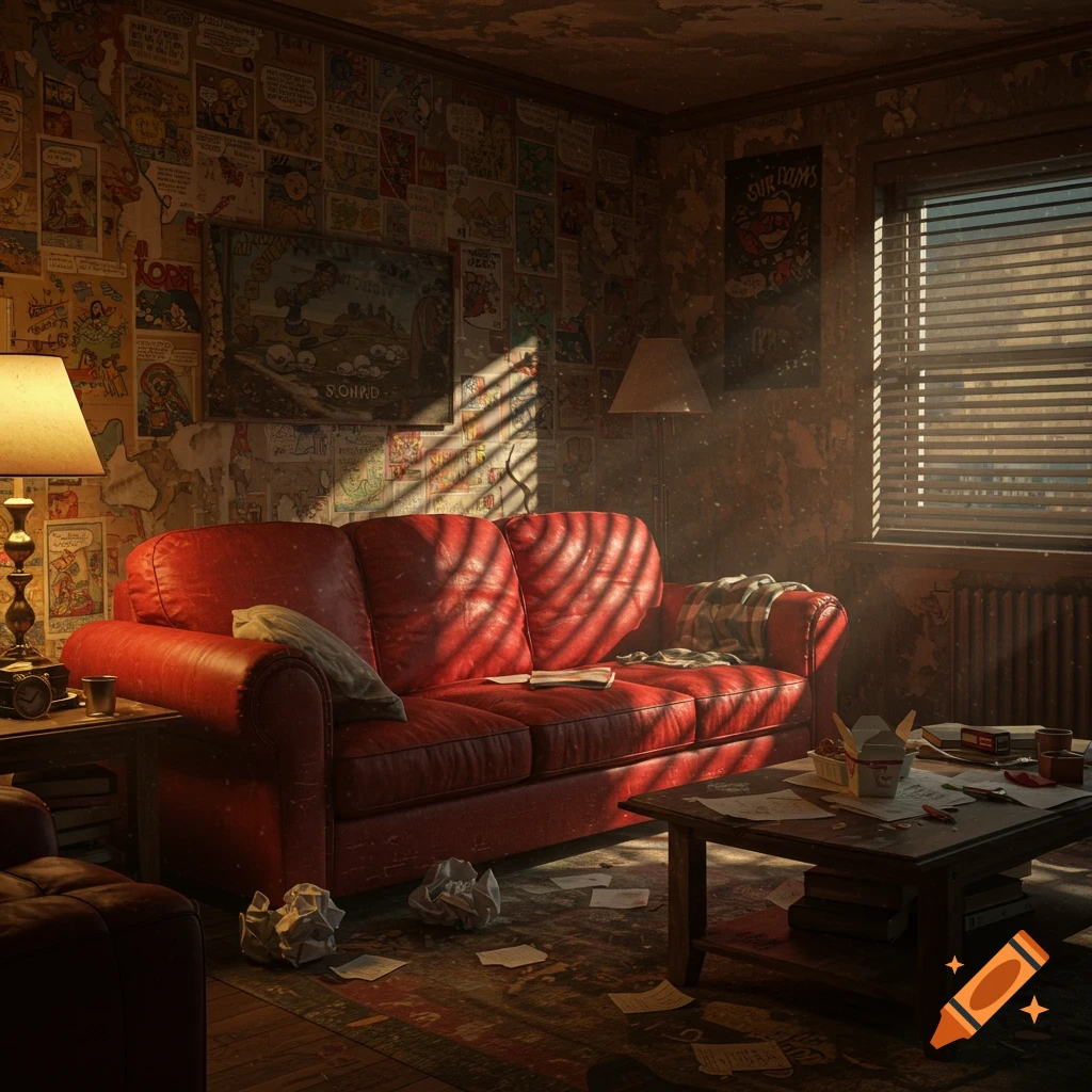 A dimly lit, messy living room with a bright red leather couch, comic book wallpaper, and sunlight streaming through blinds.