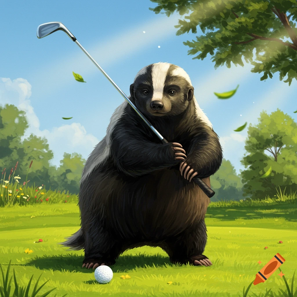 An illustrated badger stands on a sunny golf course holding a golf club next to a golf ball.