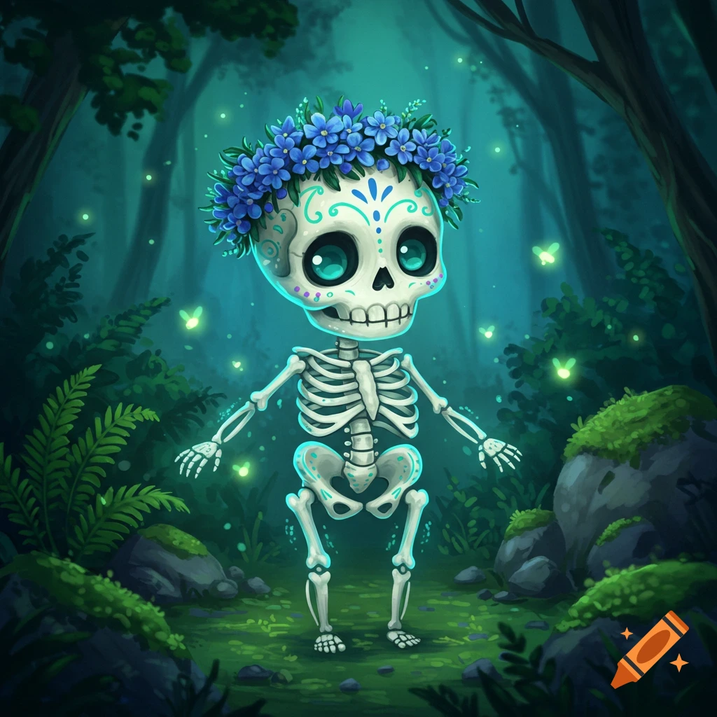 Cute cartoon skeleton character with a blue flower crown and patterned skull, standing in a dark forest with glowing fireflies.