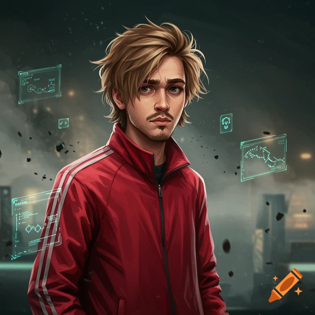 A digital art portrait of a young male esports player with messy blonde hair and stubble, wearing a red jacket, with holographic screens in the background.