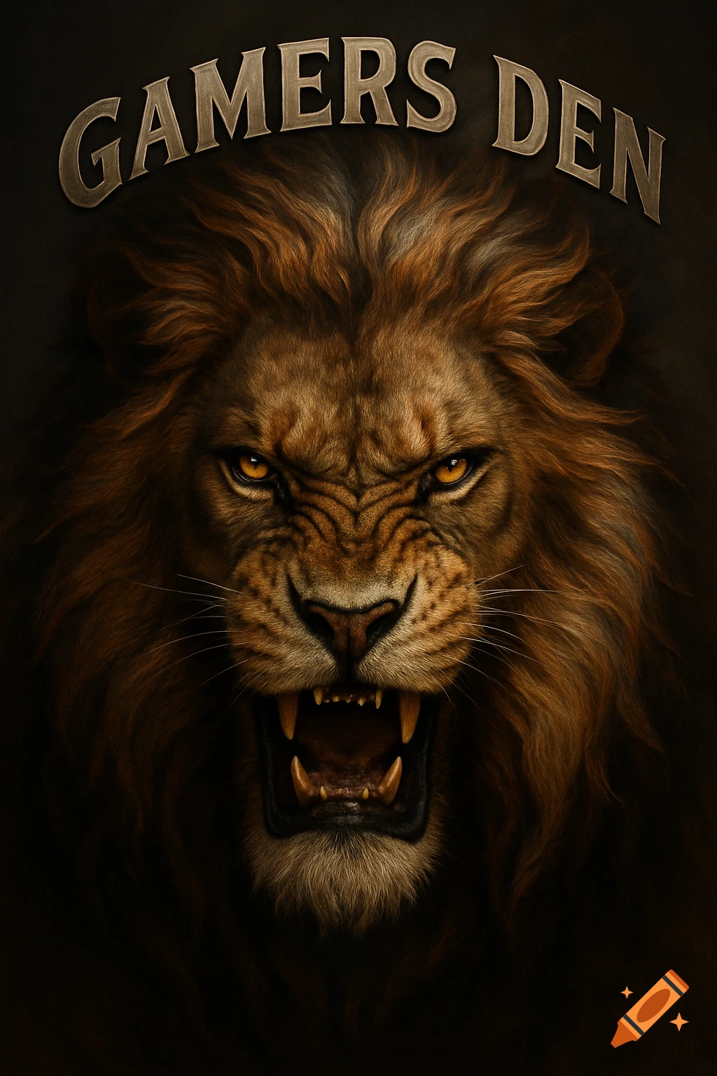 A close-up, photorealistic portrait of an angry, roaring lion with glowing yellow eyes, with the words 'GAMERS DEN' curved above its head.